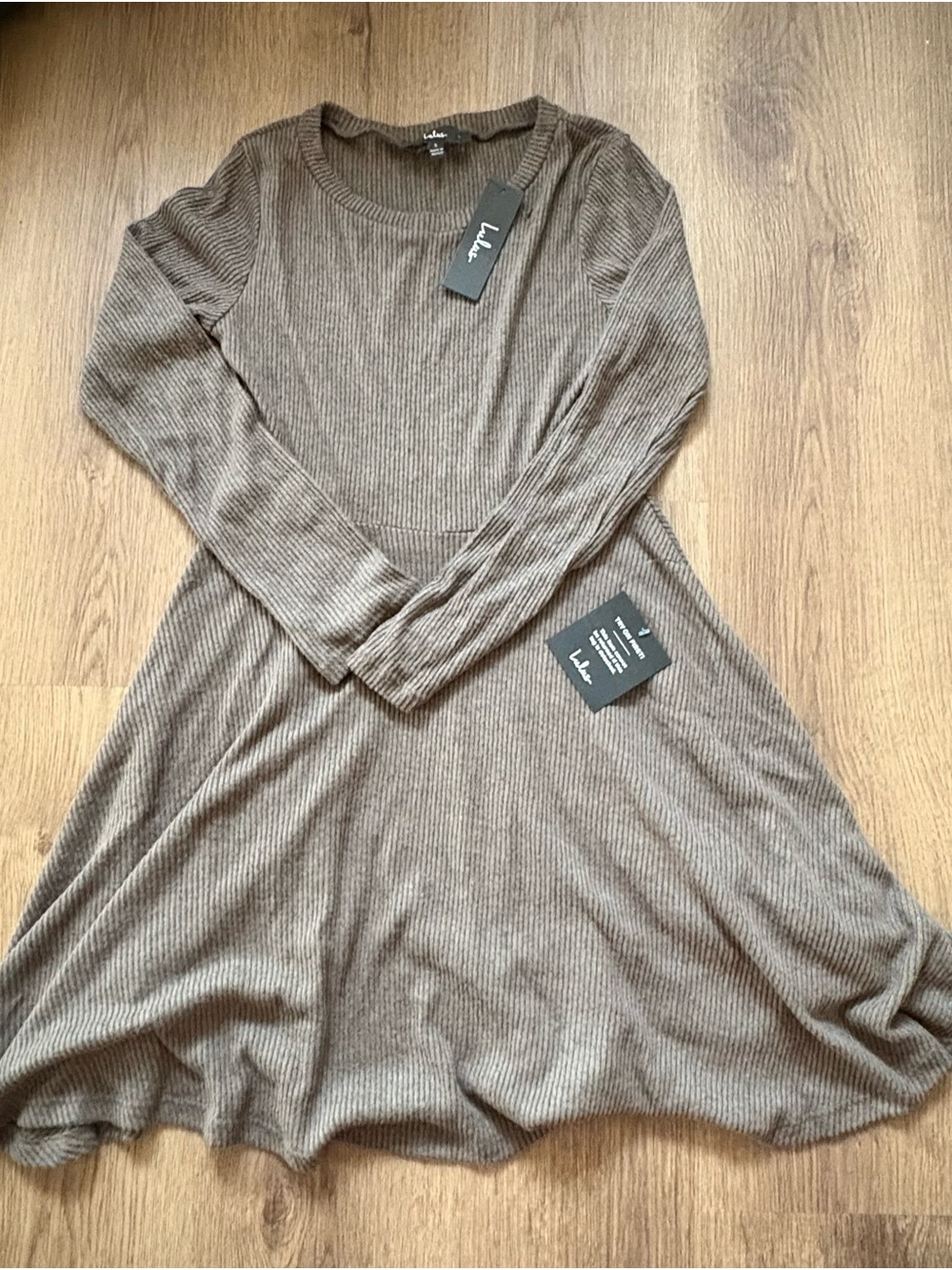 Lulu's Ribbed Long Sleeve Fit & Flare Dress in gray/Taupe Brown